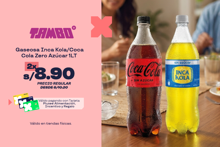 TAMBO:2 GASEOSAS INCA KOLA/COCA COLA SIN AZÚCAR DE 1LT A S/8.90. 